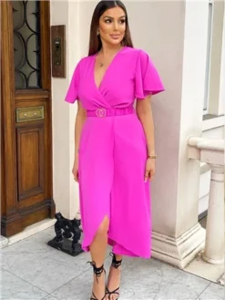 Ax Paris Hot Pink Belted Wrap Midi Dress -Cheap Drape Dresses Store 28718 2
