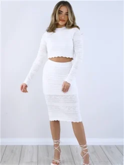 Saint Genies White Crochet Knit Long Sleeve Crop Top -Cheap Drape Dresses Store 28764 2