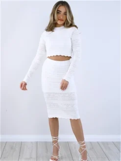 Saint Genies White Crochet Knit Midi Skirt -Cheap Drape Dresses Store 28765 2