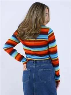 Saint Genies Blue/Burg/Orange Stripe Knit Top -Cheap Drape Dresses Store 28766 3