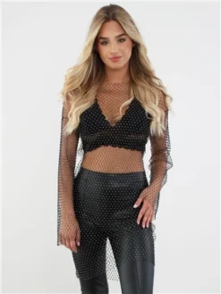 Saint Genies Black Mesh Diamante Dress