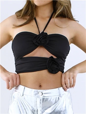 Saint Genies Black Dahlia Floral Applique Cutout Halterneck Top 2 Saint Genies Black Dahlia Floral Applique Cutout Halterneck Top - Image 2