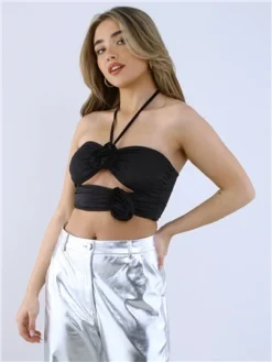 Saint Genies Black Dahlia Floral Applique Cutout Halterneck Top