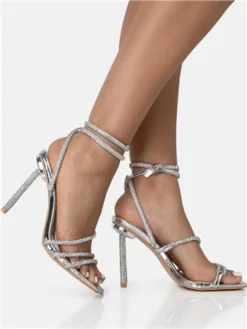 Public Desire Silver Clueless Strappy Square Toe Diamante Heels -Cheap Drape Dresses Store 28802 2