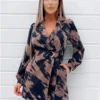 Ax Paris Brown And Navy Printed Long Sleeve Wrap Mini Dress