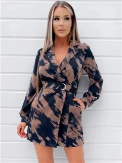 Ax Paris Brown And Navy Printed Long Sleeve Wrap Mini Dress