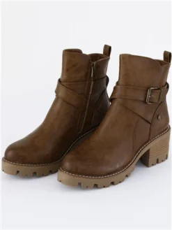 Refresh Camel Tan Block Heel Buckle Boot