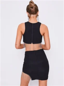 Saint Genies Black Beatrix Diamante Fringe Asymmetric Mini Skirt -Cheap Drape Dresses Store 28872 3