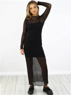 Brave Soul Black Mesh Long Sleeve Long Dress -Cheap Drape Dresses Store 28876 2