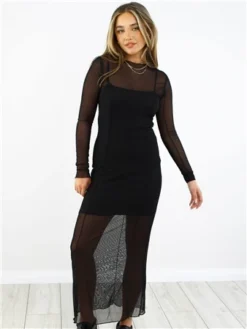 Brave Soul Black Mesh Long Sleeve Long Dress