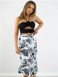 Saint Genies Cream Pattern Satin Midi Skirt