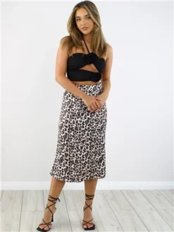 Saint Genies Leopard Print Pattern Satin Midi Skirt -Cheap Drape Dresses Store 28884 2