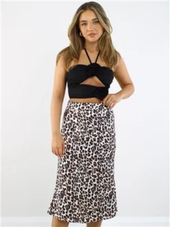 Saint Genies Leopard Print Pattern Satin Midi Skirt