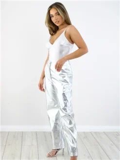 Saint Genies Silver Metallic Snake Stretch Satin Thong Bodysuit -Cheap Drape Dresses Store 28887 2