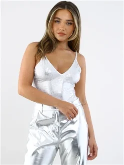 Saint Genies Silver Metallic Snake Stretch Satin Thong Bodysuit