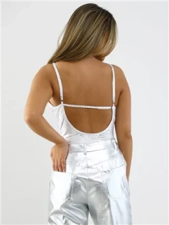 Saint Genies Silver Metallic Snake Stretch Satin Thong Bodysuit -Cheap Drape Dresses Store 28887 3