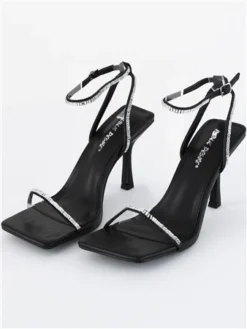Public Desire Black Pu Carla Diamante Barely There Square Toe Heels