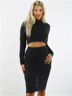 Saint Genies Black Crochet Knit Midi Skirt