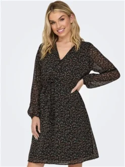 Only Black / Black Cera Mini V-Neck Dress With Tie Waist