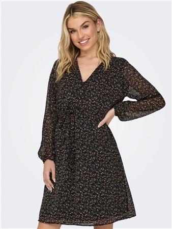 Only Black / Black Cera Mini V-Neck Dress With Tie Waist 1 Only Black / Black Cera Mini V-Neck Dress With Tie Waist