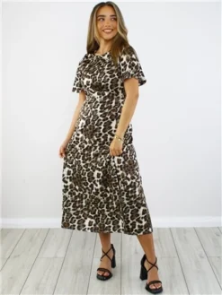 Girl In Mind Animal Print Serena Angel Sleeve Split Leg Midi Dress -Cheap Drape Dresses Store 29060 2