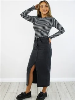 Brave Soul Black Wash Midi Denim Skirt -Cheap Drape Dresses Store 29064 2