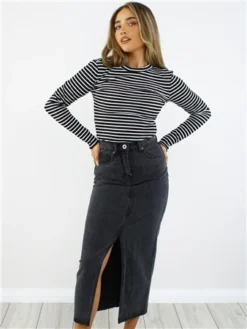 Brave Soul Black Wash Midi Denim Skirt