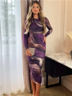 Ax Paris Plum Printed Long Sleeve Ruched Bodycon Midi Dress -Cheap Drape Dresses Store 29177 2