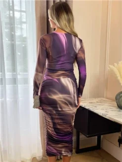 Ax Paris Plum Printed Long Sleeve Ruched Bodycon Midi Dress -Cheap Drape Dresses Store 29177 3