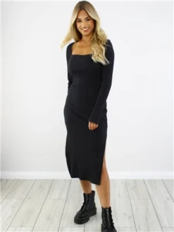 Saint Genies Black Midi Rib Knit Dress -Cheap Drape Dresses Store 29202 2