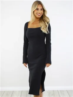 Saint Genies Black Midi Rib Knit Dress