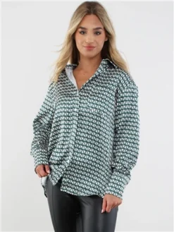 Saint Genies Green / Cream Geo Print Pattern Satin Shirt