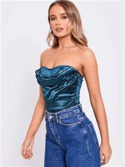 Saint Genies Petrol Baia Stretch Satin Cowl Neck Thong Bodysuit -Cheap Drape Dresses Store 29254 2