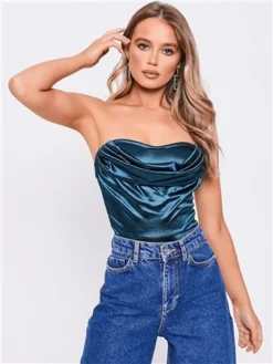 Saint Genies Petrol Baia Stretch Satin Cowl Neck Thong Bodysuit