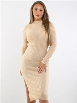 Brave Soul Biscuit Ribbed Long Sleeve Split Hem Midi Jumper Dress
