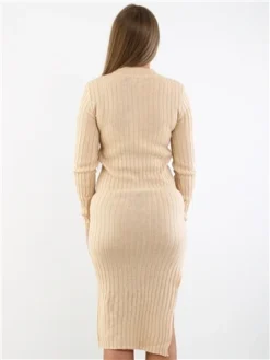 Brave Soul Biscuit Ribbed Long Sleeve Split Hem Midi Jumper Dress -Cheap Drape Dresses Store 29265 3