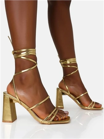 Public Desire Gold Pu Natty Lace Up Square Toe Mid Block Heels 2 Public Desire Gold Pu Natty Lace Up Square Toe Mid Block Heels - Image 2