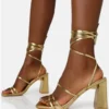 Public Desire Gold Pu Natty Lace Up Square Toe Mid Block Heels