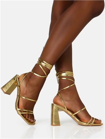 Public Desire Gold Pu Natty Lace Up Square Toe Mid Block Heels 3 Public Desire Gold Pu Natty Lace Up Square Toe Mid Block Heels - Image 3