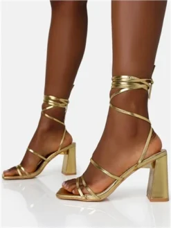 Public Desire Gold Pu Natty Lace Up Square Toe Mid Block Heels