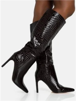 Public Desire Black Undone Patent Croc Knee High Block Heeled Boots -Cheap Drape Dresses Store 29269 2