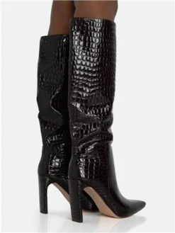 Public Desire Black Undone Patent Croc Knee High Block Heeled Boots -Cheap Drape Dresses Store 29269 3