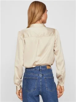 Vila Cement Ellette Long Sleeved Satin Shirt -Cheap Drape Dresses Store 29292 3