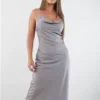 Saint Genies Grey Satin Long Diamante Strap Dress