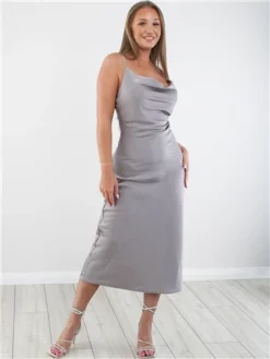 Saint Genies Grey Satin Long Diamante Strap Dress -Cheap Drape Dresses Store 29299 2