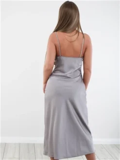 Saint Genies Grey Satin Long Diamante Strap Dress -Cheap Drape Dresses Store 29299 3