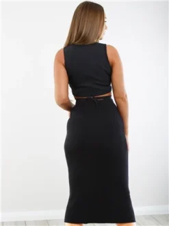 Saint Genies Black Ribbed Split Midi Skirt -Cheap Drape Dresses Store 29315 3