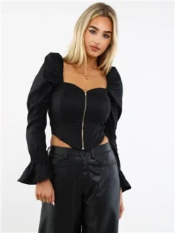 The Frolic Black Long Sleeve Corset Top