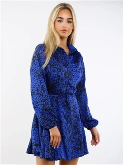 Ax Paris Blue Leopard Shirt Dress