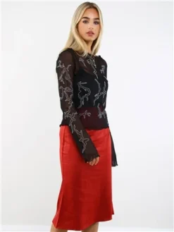 Saint Genies Burgundy Satin Midi Skirt